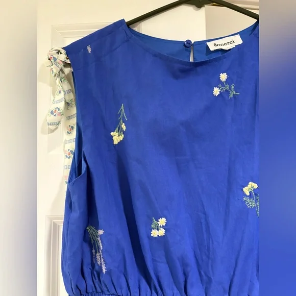 Blue Floral Embroidered Tiered Midi Dress with Ruffle Detail - Picture 5 of 7